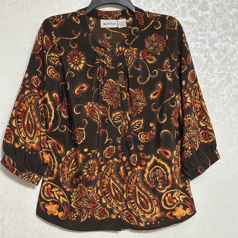 Apparenza Paisley Floral Button‎ Front Blouse 3/4 Sleeve Brown Orange Boho S
